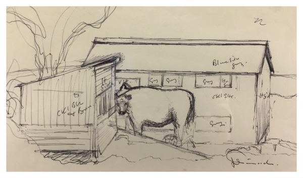 Simcock, Jack (1929-2012) Farm Buildings with Cow (Working Sketch)